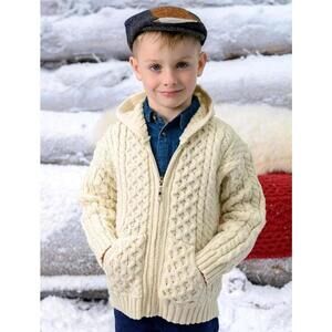 2-3 T -Aran Crafts 100% Merino Wool Kids Hooded Knit Cardigan Zip Sweater